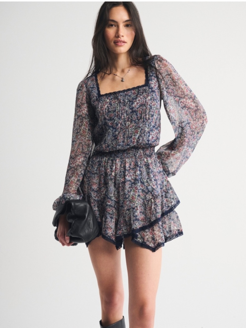 Abercrombie & Fitch Navy Floral Square-Neck Romper Dress